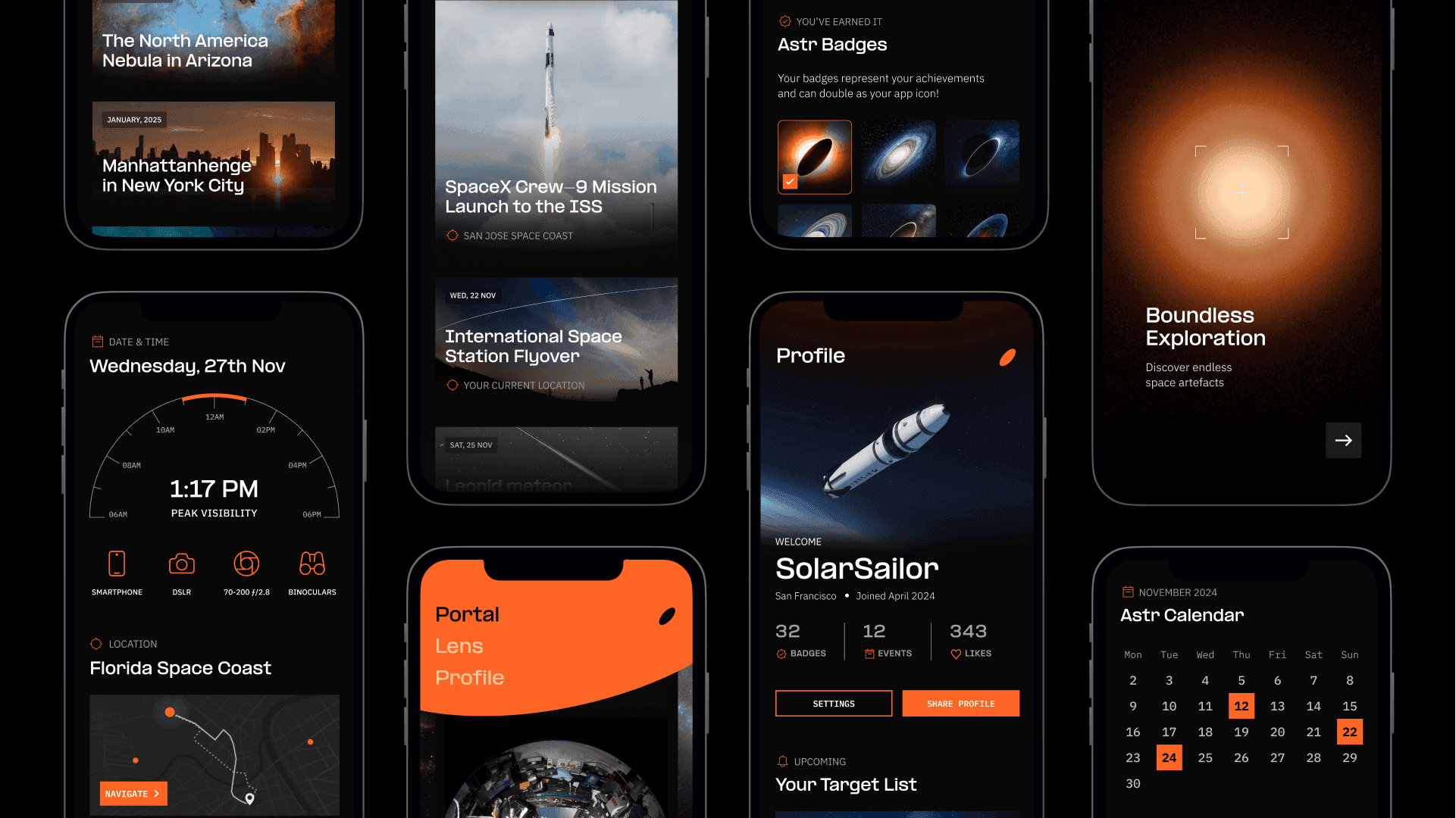 The Astr app across the Portal, Lens, and Profile sections
