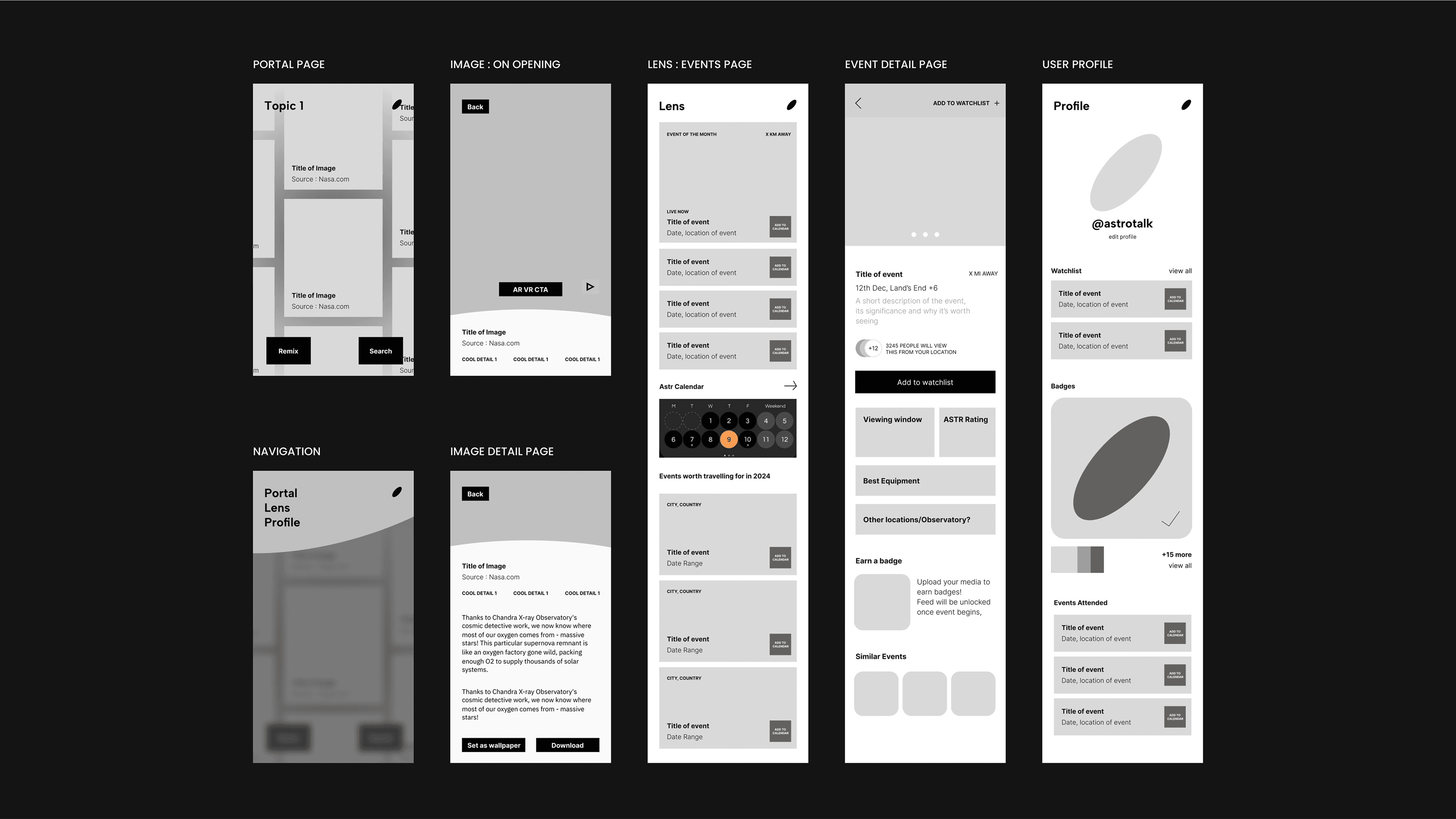 Wireframes showing the Portal, Lens, and Profile sections