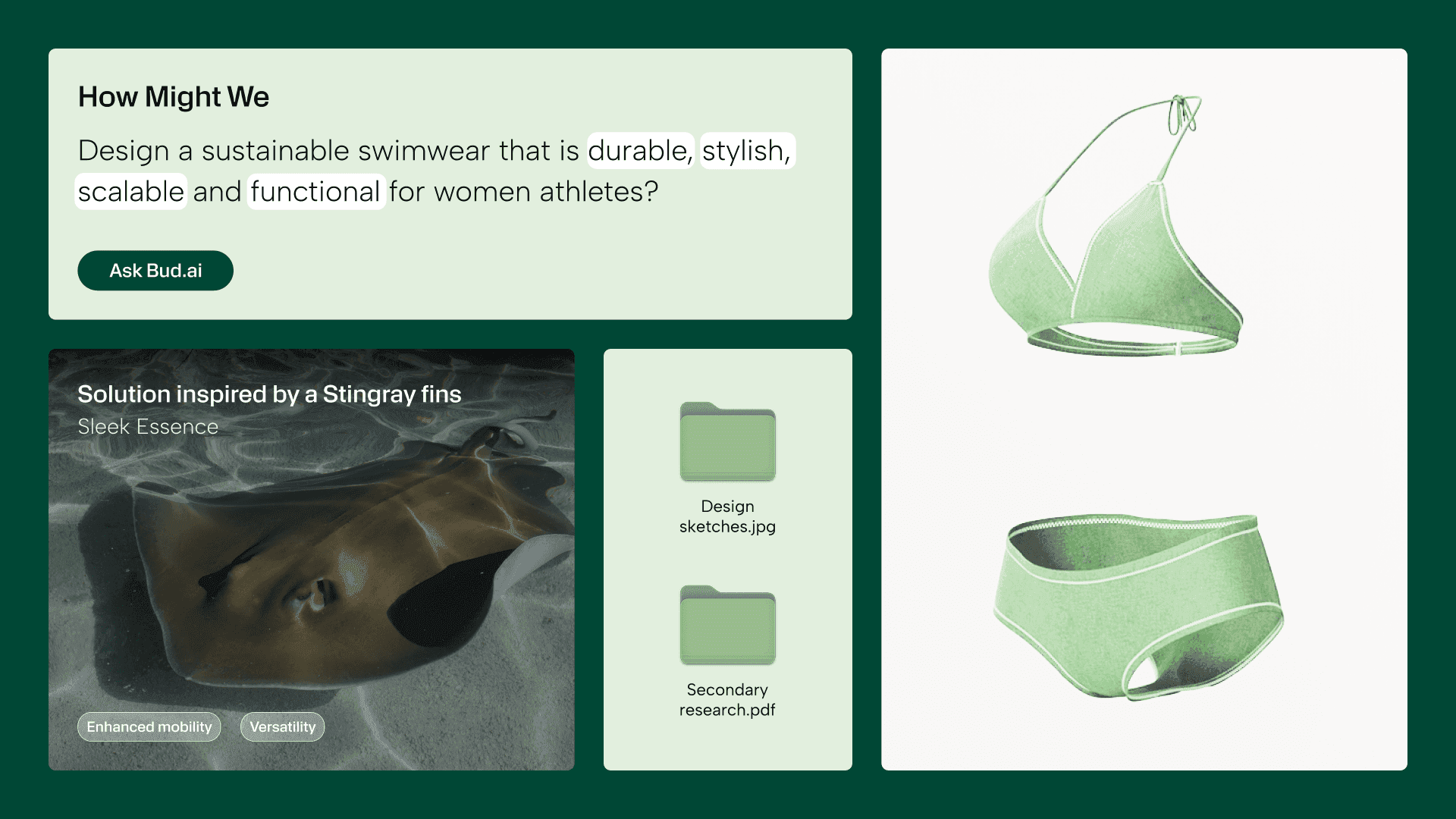 A How Might We brief resolved into a stingray-inspired swimwear direction with sketches and research files