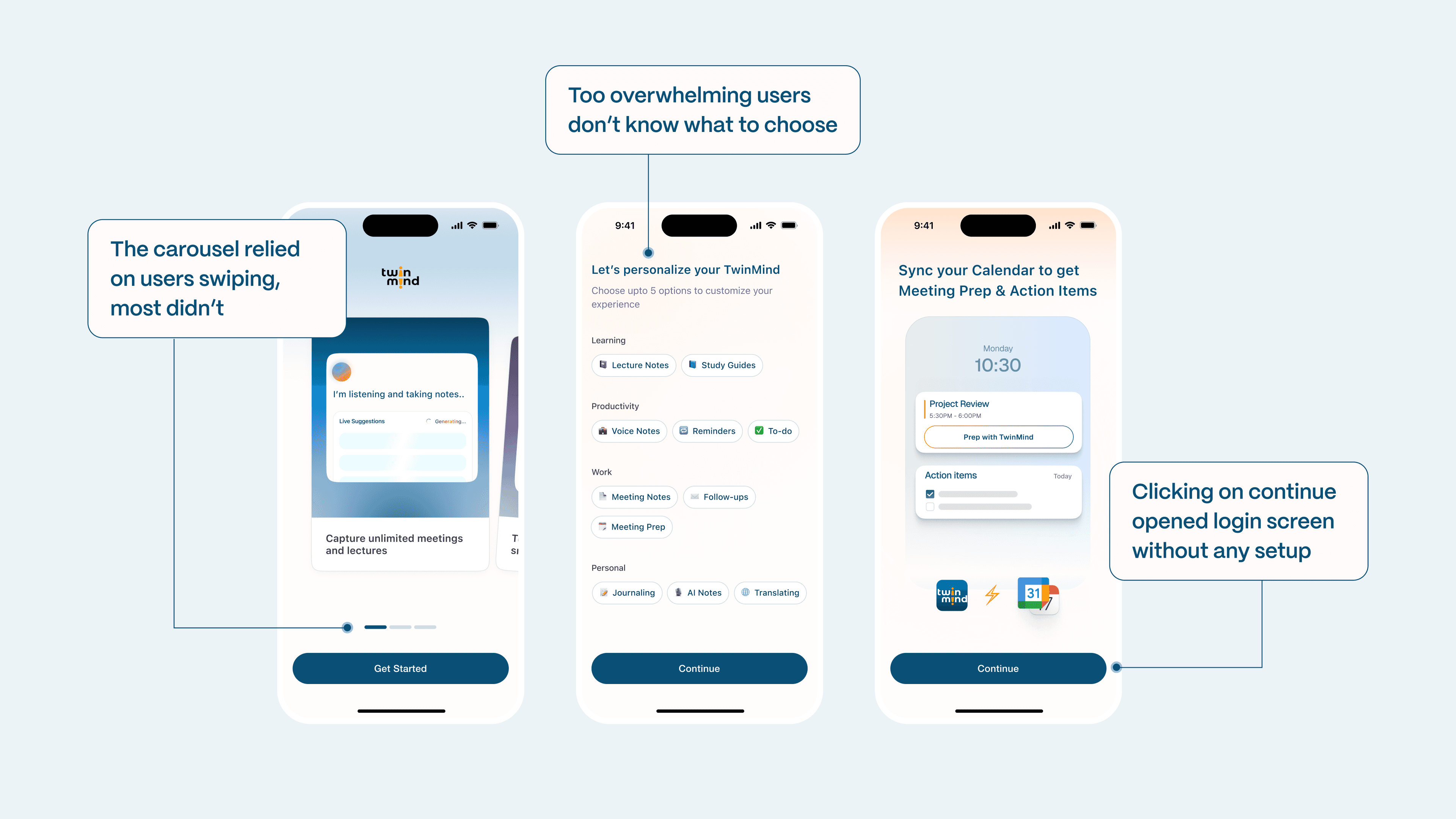 Old intro carousel relied on swiping, personalization was overwhelming, calendar setup had no context