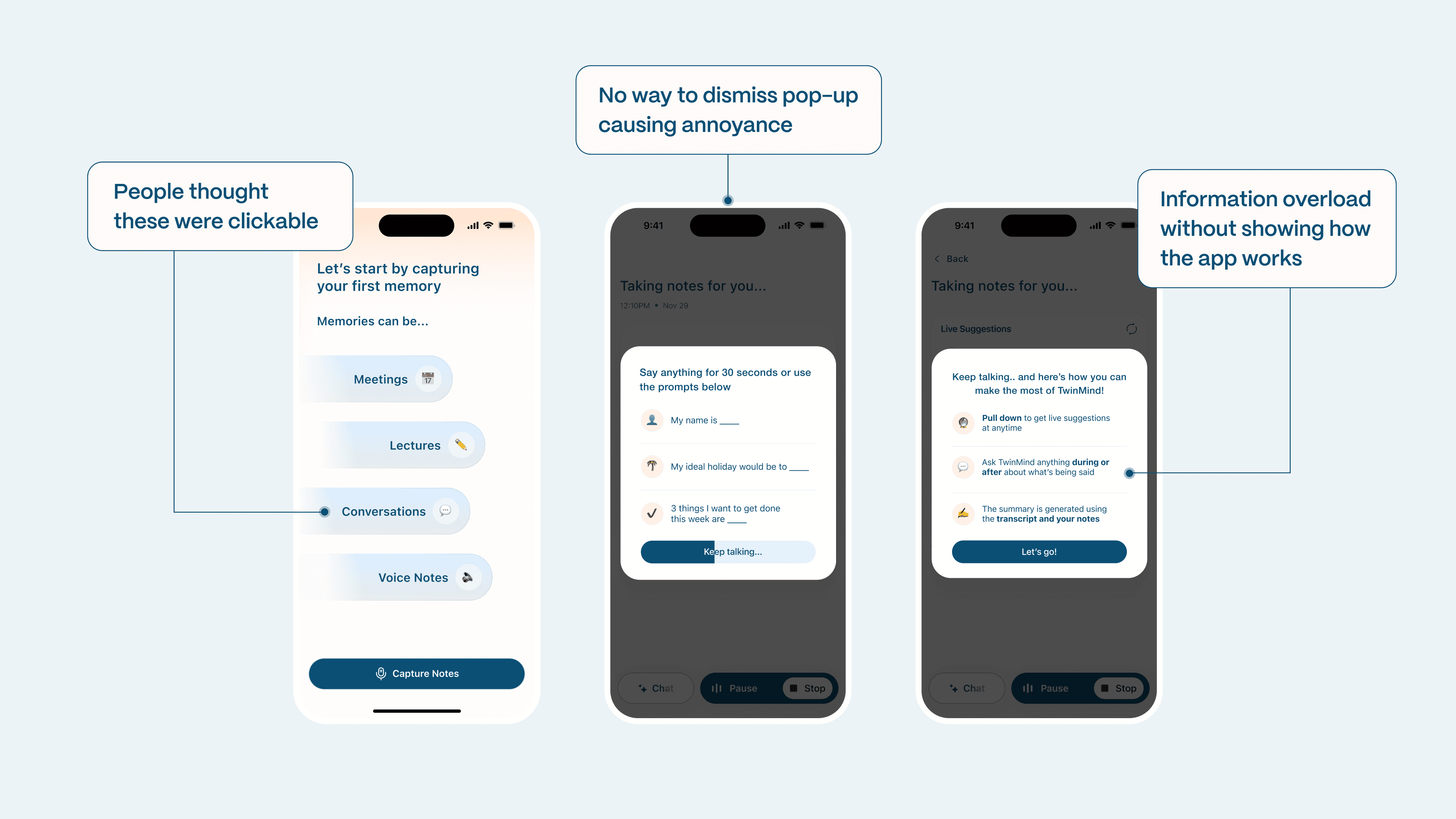 Old capture flow had clickable-looking icons, undismissable pop-up, and information overload
