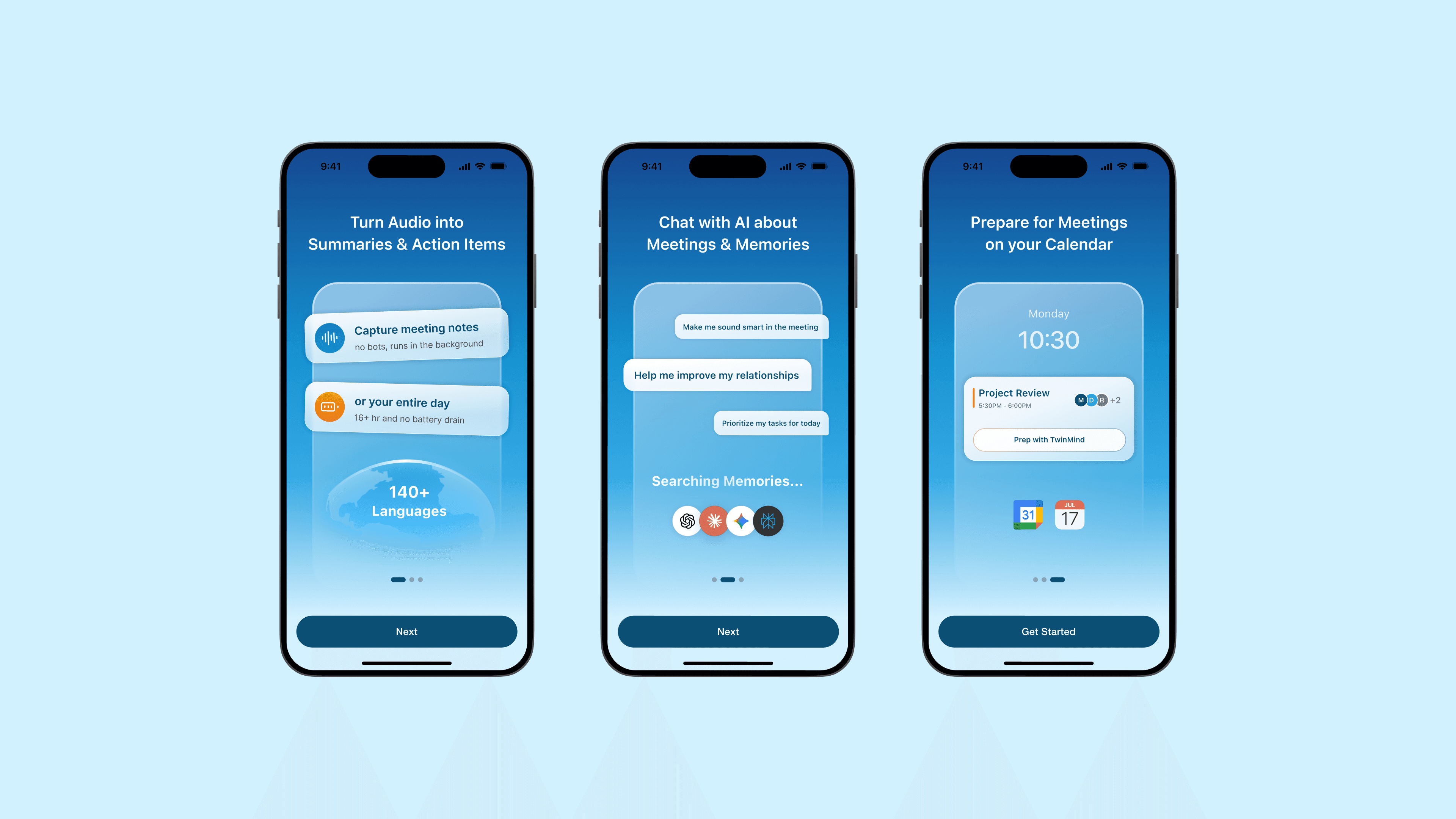 Redesigned onboarding: three standalone intro screens for Audio, Chat, and Calendar